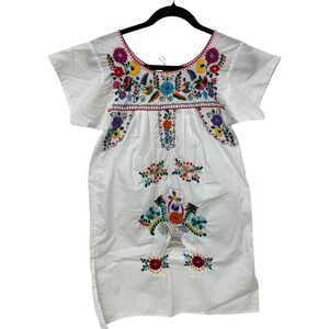 Vtg Girls Mexican Dress Embroidered Floral Pleated Round Neck Short Sleeve‎ Boho